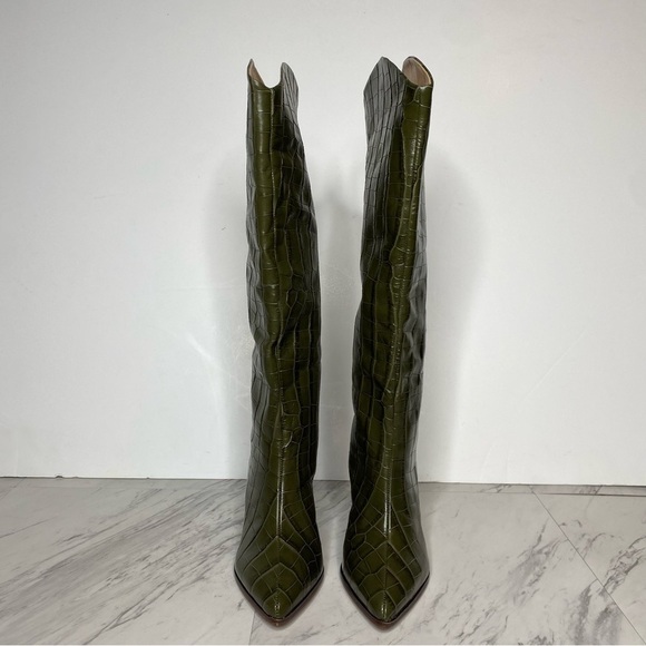 Schutz Maryana Green Crocodile Embossed Tall Block Heel Boot 5B - Picture 2 of 16